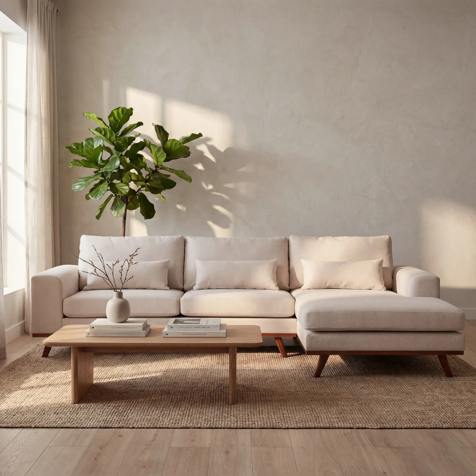 Japandi, 3 zits bank hoek rechts, stof Grande 03 beige