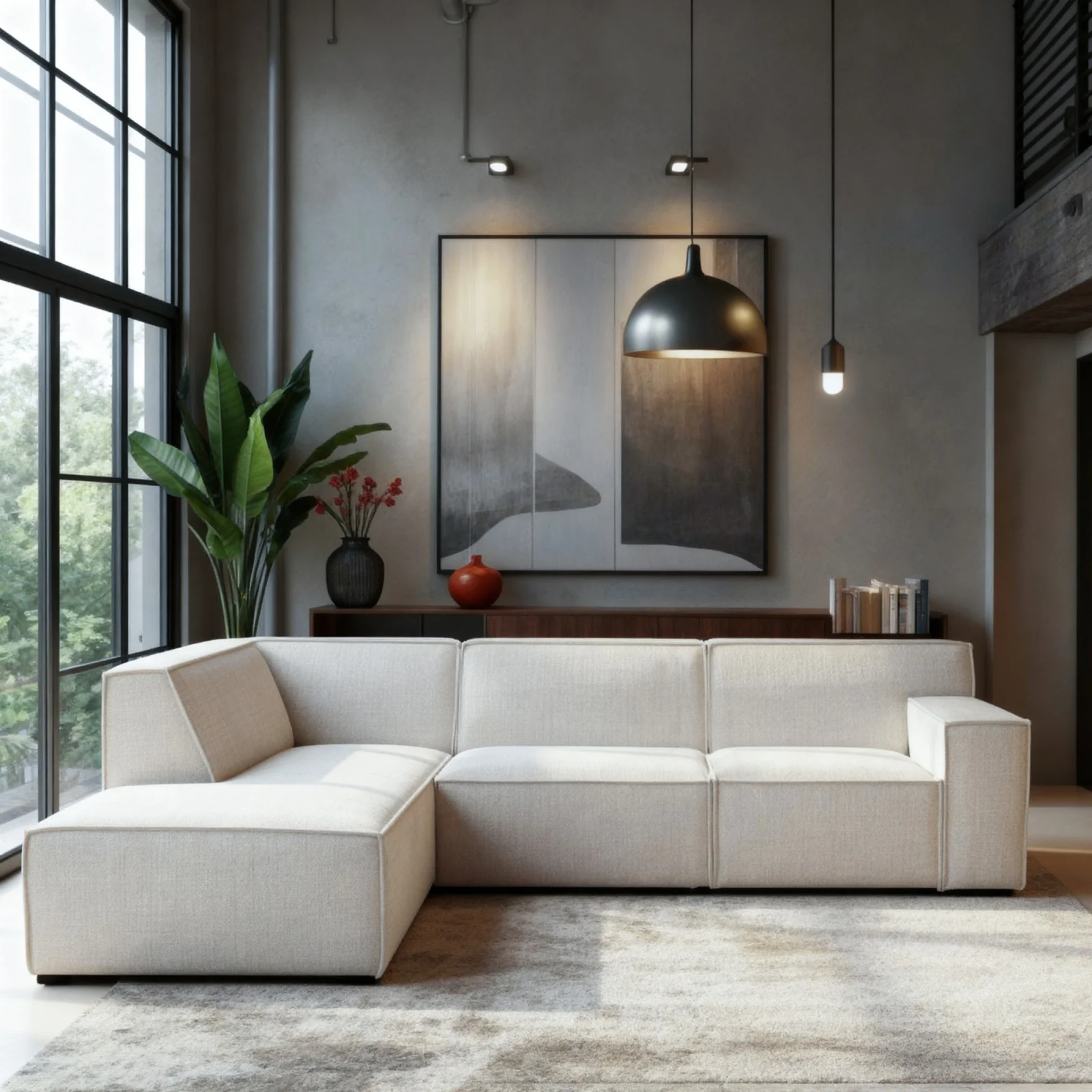 Blokvormige hoekbank links in beige Cremona-stof