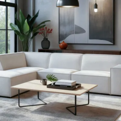 Blokvormige hoekbank links in beige Cremona-stof