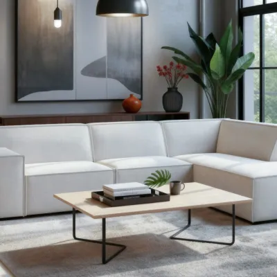 Blokvormige hoekbank rechts in beige Cremona-stof