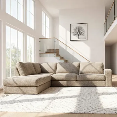 Hoekbank links in beige Silencio-stof, 295 cm