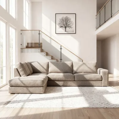 Hoekbank links in beige Silencio-stof, 295 cm