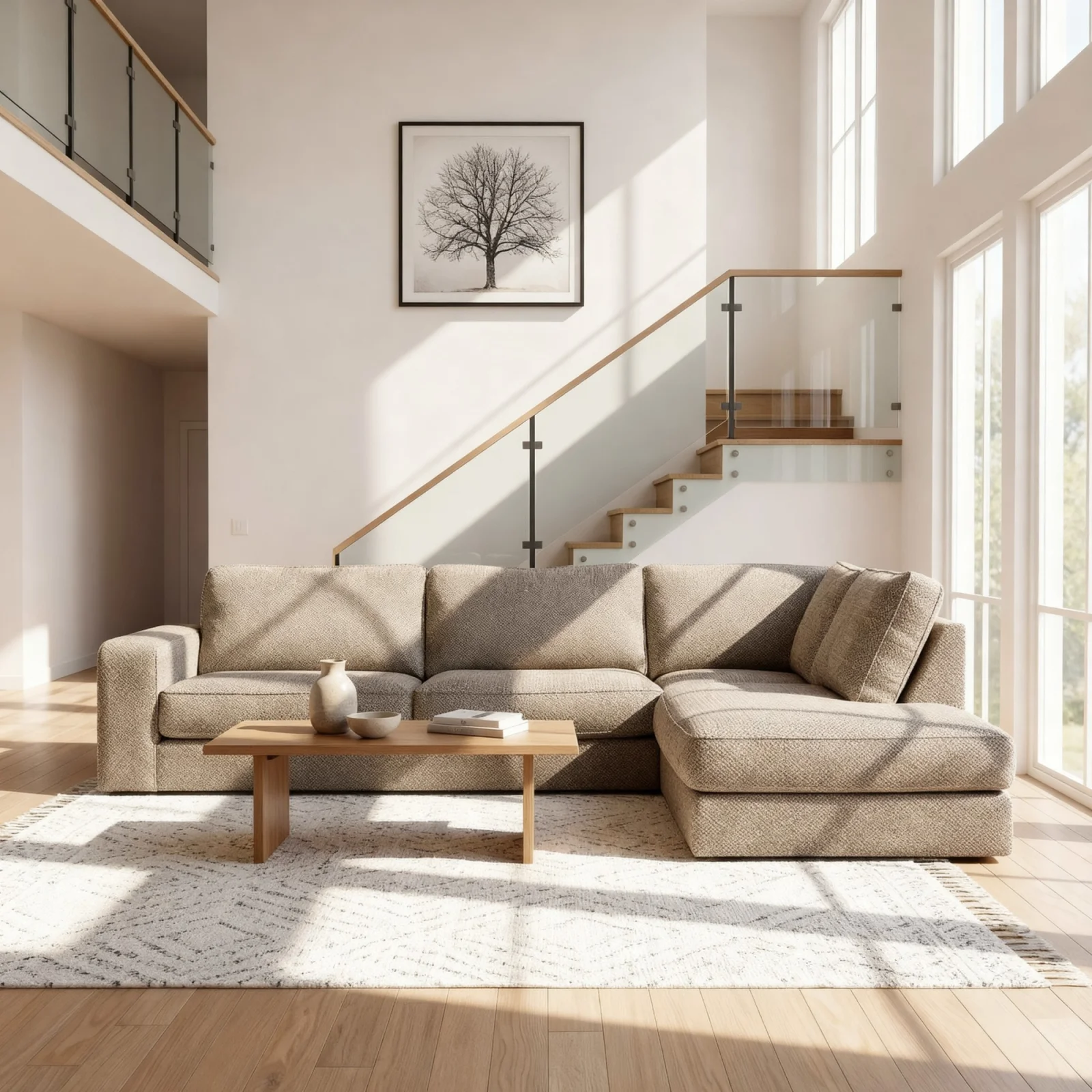 Hoekbank rechts in beige Silencio-stof, 295 cm