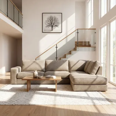 Hoekbank rechts in beige Silencio-stof, 295 cm