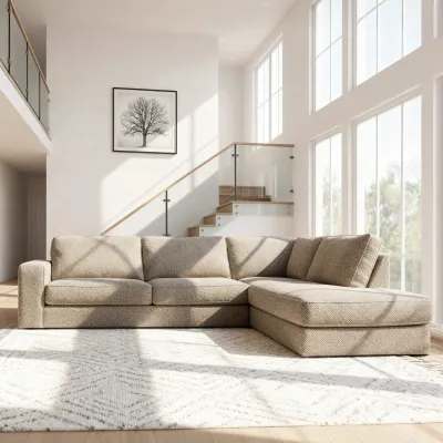 Hoekbank rechts in beige Silencio-stof, 295 cm