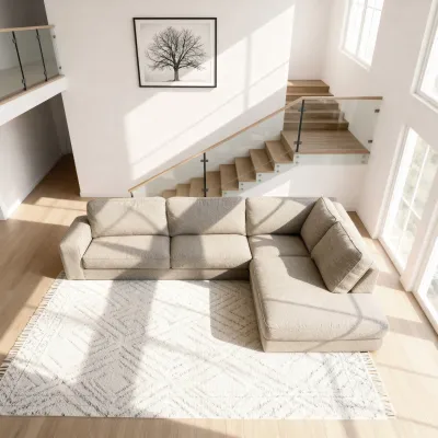 Hoekbank rechts in beige Silencio-stof, 295 cm