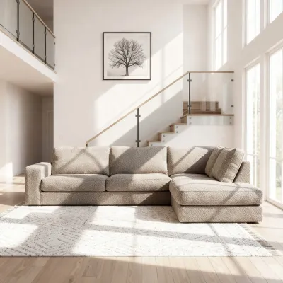 Hoekbank rechts in beige Silencio-stof, 295 cm