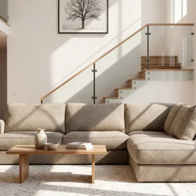 Hoekbank rechts in beige Silencio-stof, 295 cm