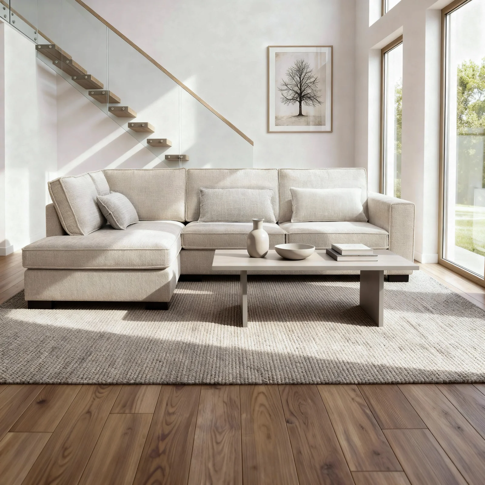 Diepe hoekbank links in beige Cremona-stof