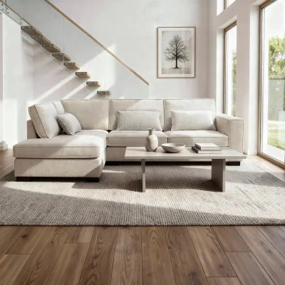 Diepe hoekbank links in beige Cremona-stof