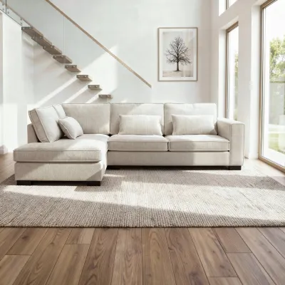 Diepe hoekbank links in beige Cremona-stof