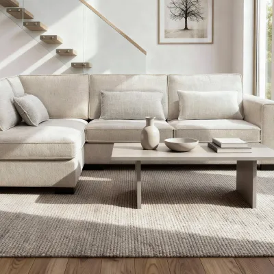 Diepe hoekbank links in beige Cremona-stof