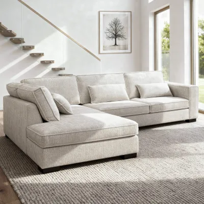 Diepe hoekbank links in beige Cremona-stof