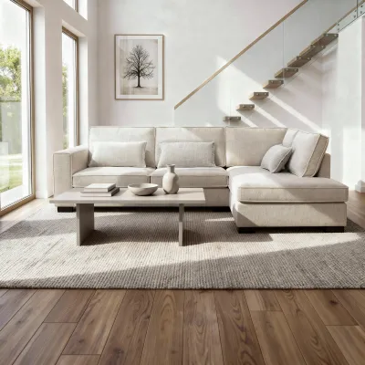 Diepe hoekbank rechts in beige Cremona-stof