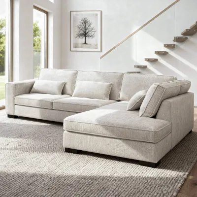 Diepe hoekbank rechts in beige Cremona-stof