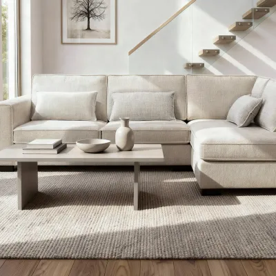 Diepe hoekbank rechts in beige Cremona-stof