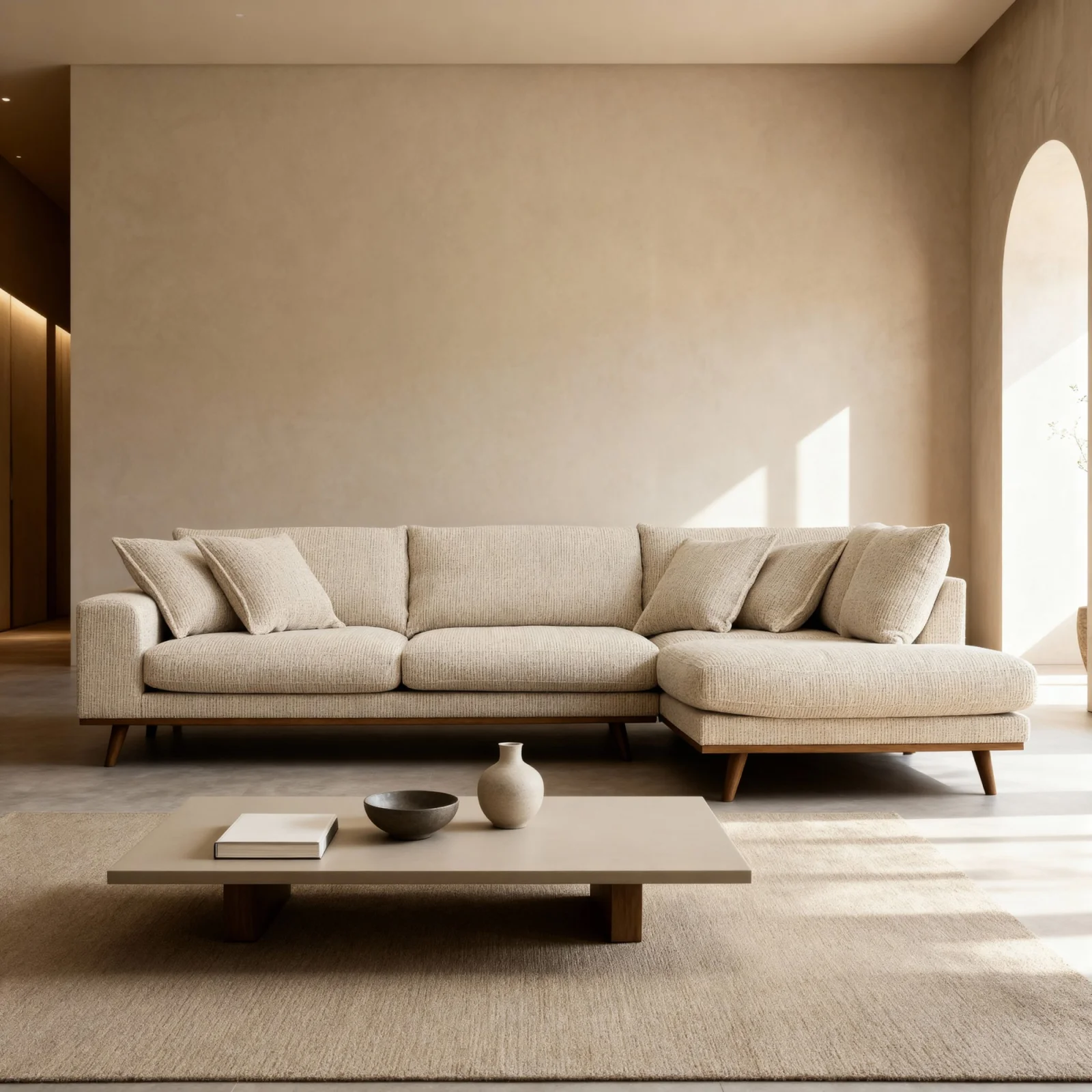 Retro hoekbank rechts in beige Silencio-stof