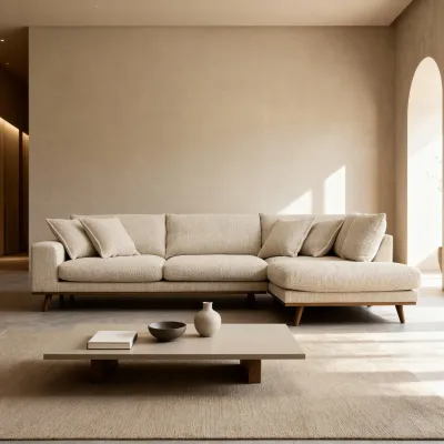 Retro hoekbank rechts in beige Silencio-stof