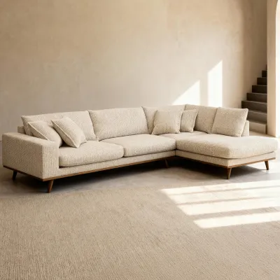 Retro hoekbank rechts in beige Silencio-stof