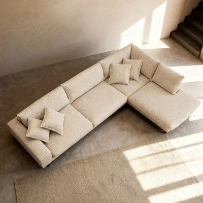 Retro hoekbank rechts in beige Silencio-stof