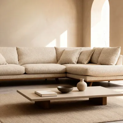 Retro hoekbank rechts in beige Silencio-stof