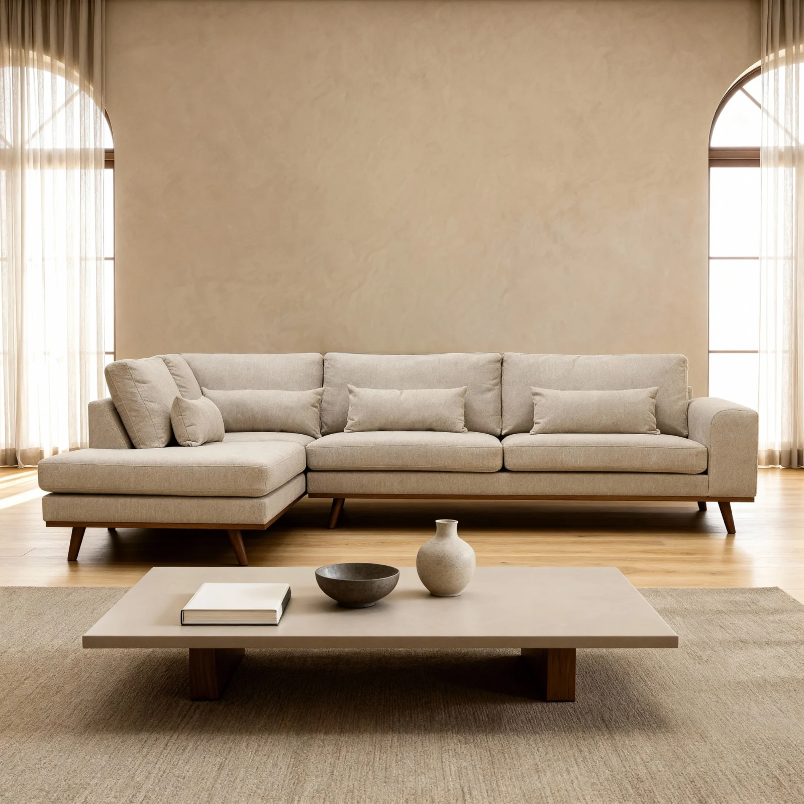 Hoekbank links met houten poten in beige Borg-stof