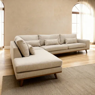 Hoekbank links met houten poten in beige Borg-stof