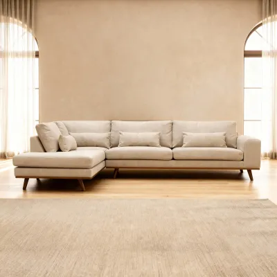 Hoekbank links met houten poten in beige Borg-stof
