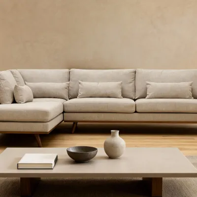 Hoekbank links met houten poten in beige Borg-stof