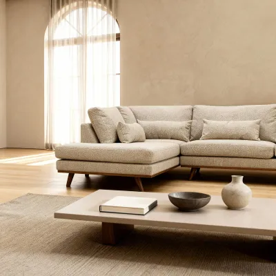 Hoekbank links met houten poten in beige Borg-stof