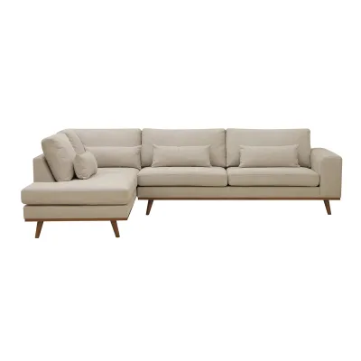 Hoekbank links met houten poten in beige Borg-stof