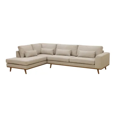 Hoekbank links met houten poten in beige Borg-stof