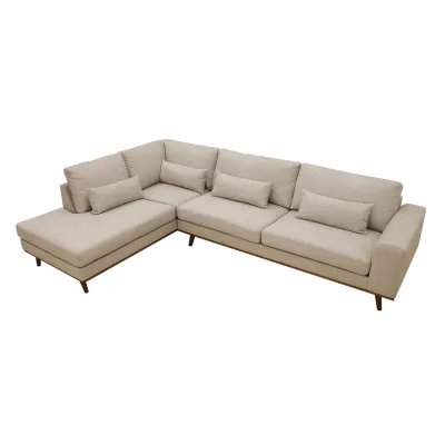 Hoekbank links met houten poten in beige Borg-stof