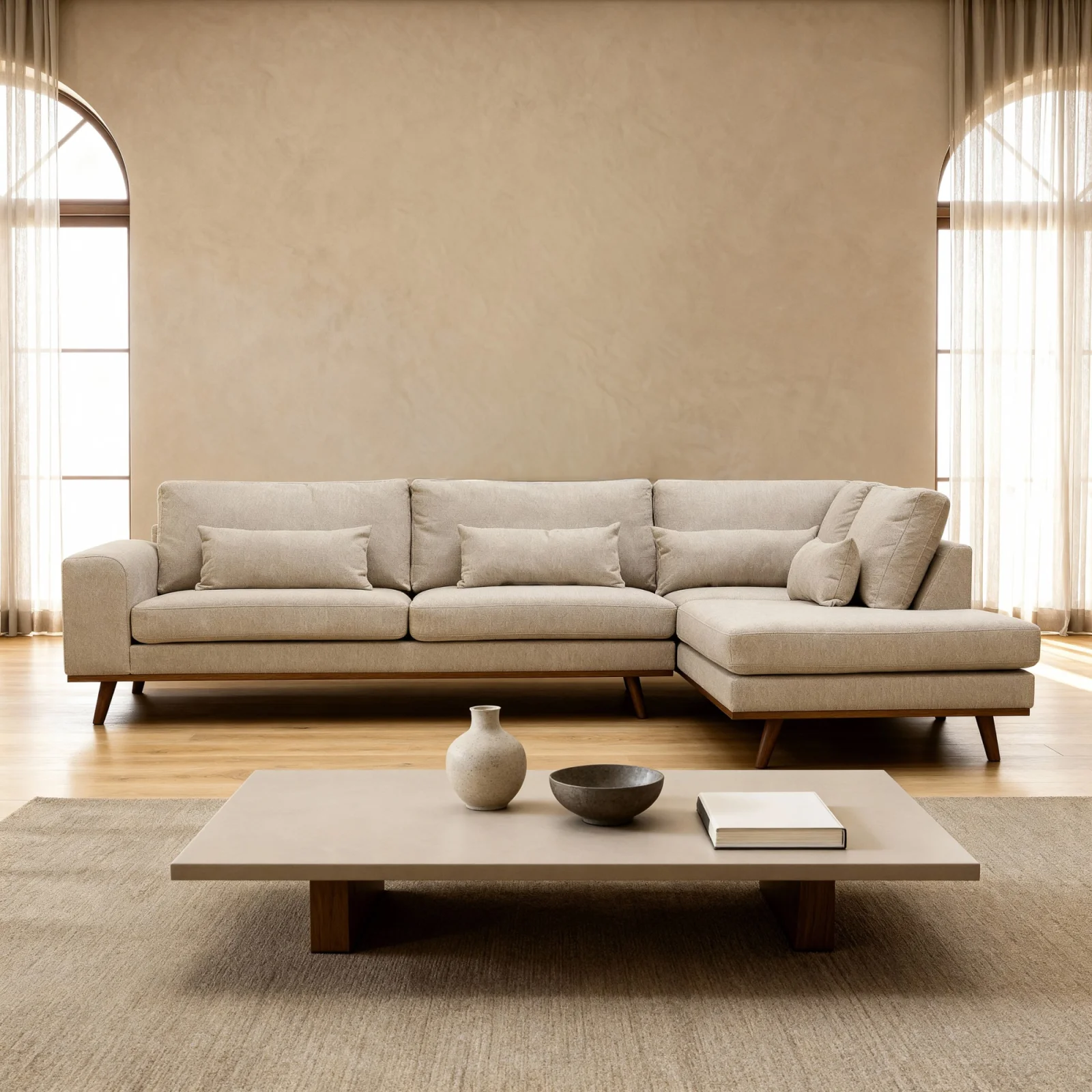Hoekbank rechts met houten poten in beige Borg-stof