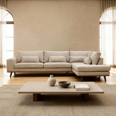 Hoekbank rechts met houten poten in beige Borg-stof