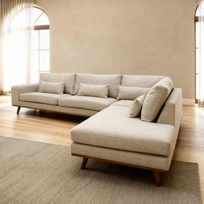 Hoekbank rechts met houten poten in beige Borg-stof