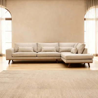 Hoekbank rechts met houten poten in beige Borg-stof