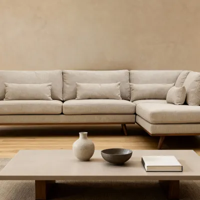 Hoekbank rechts met houten poten in beige Borg-stof