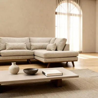 Hoekbank rechts met houten poten in beige Borg-stof