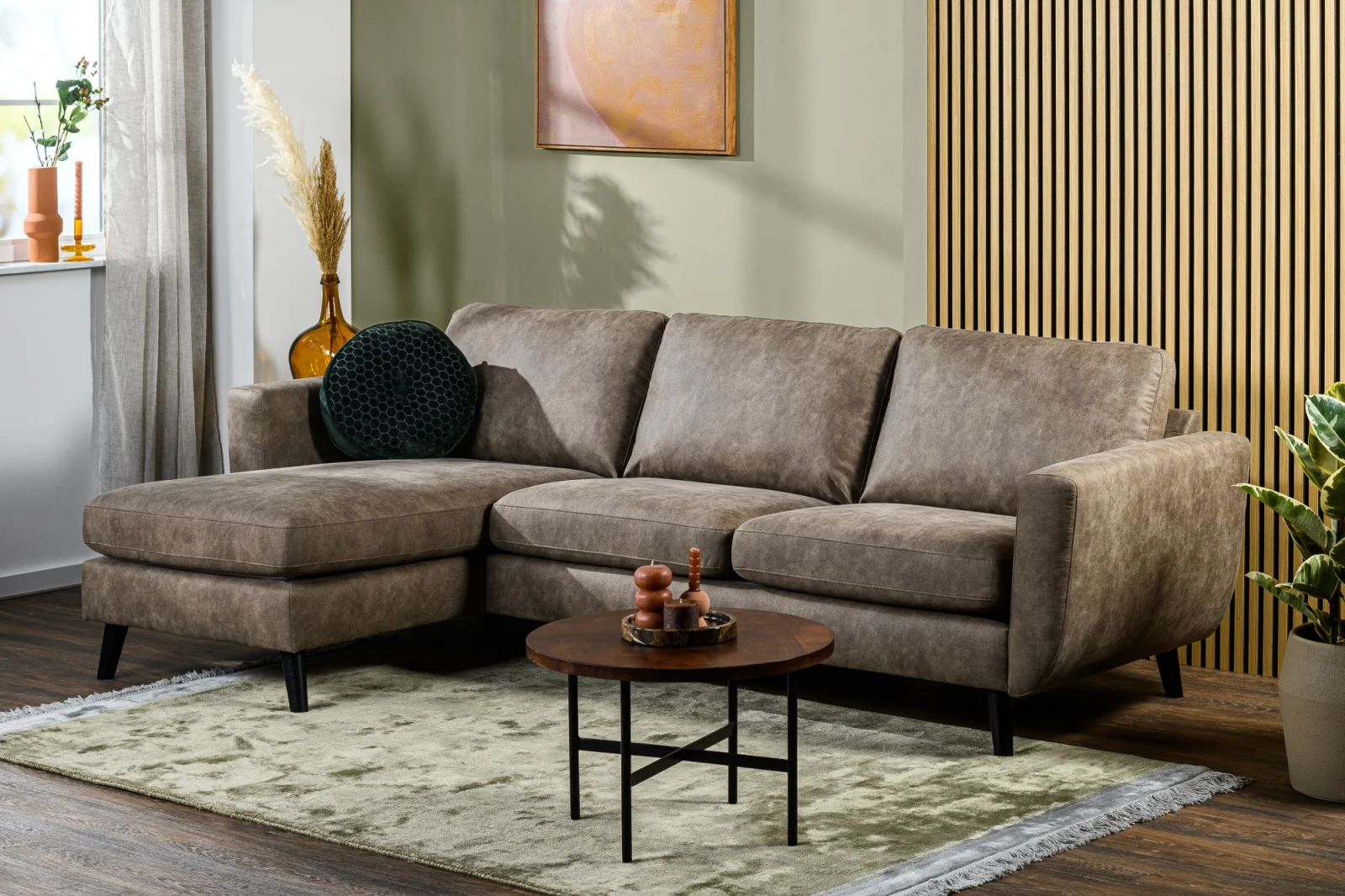 Loungebank in taupe lederlook-stof