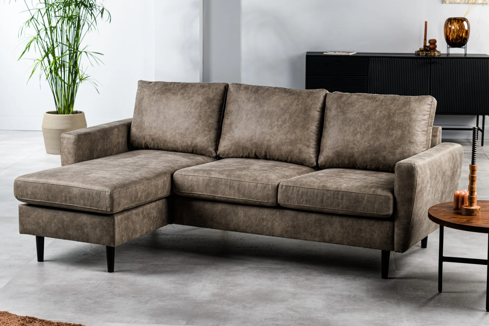 Compacte loungebank in taupe lederlook-stof