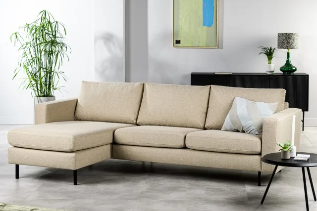 Loungebank in zandbeige Dillon-stof