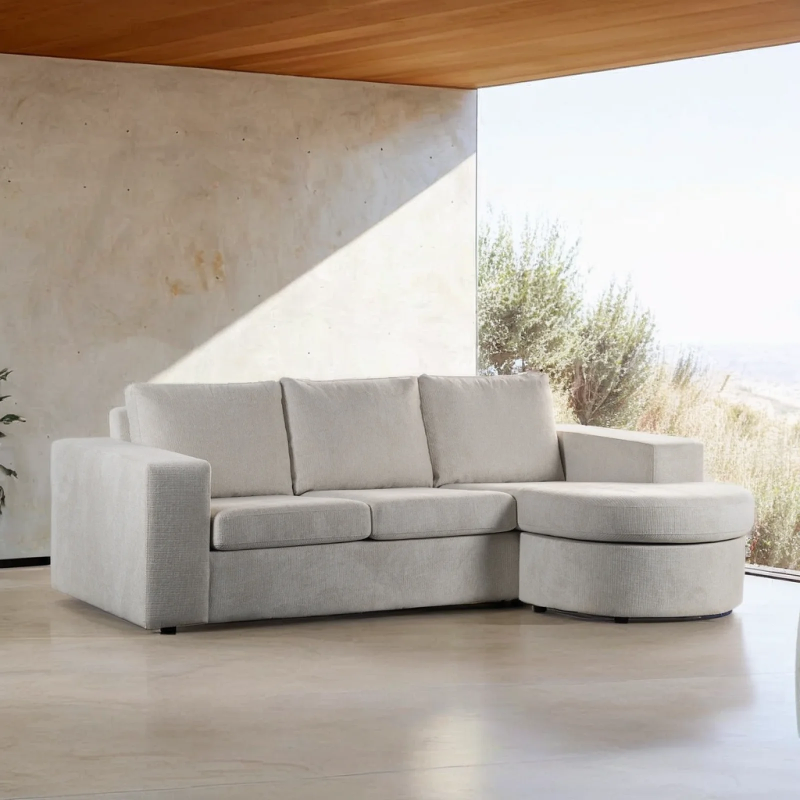 Loungebank met ronde chaise longue in beige Lord-stof
