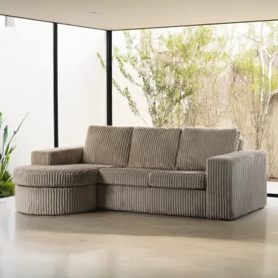 Loungebank met ronde chaise longue in beige Tillia-ribstof