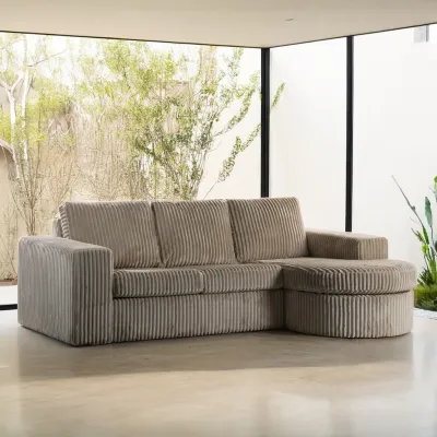 Loungebank met ronde chaise longue in beige Tillia-ribstof