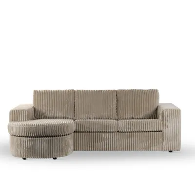 Loungebank met ronde chaise longue in beige Tillia-ribstof