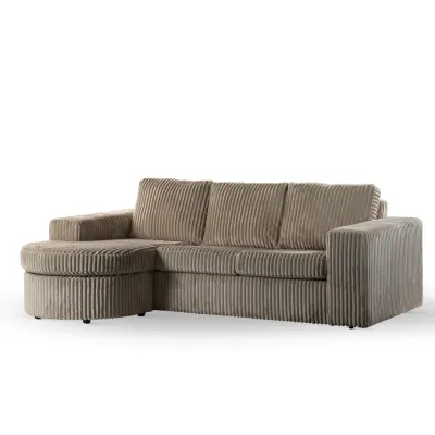 Loungebank met ronde chaise longue in beige Tillia-ribstof