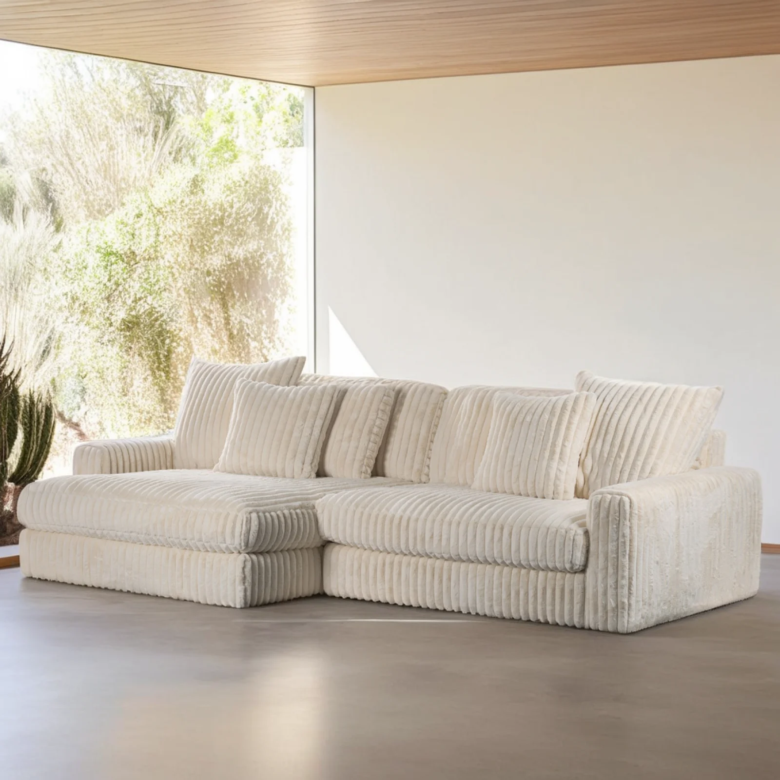Diepe loungebank in beige Vito-ribstof