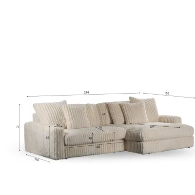 Diepe loungebank in beige Vito-ribstof