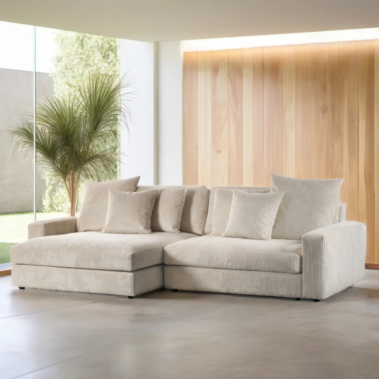 Diepe loungebank in naturel Lincoln-ribstof